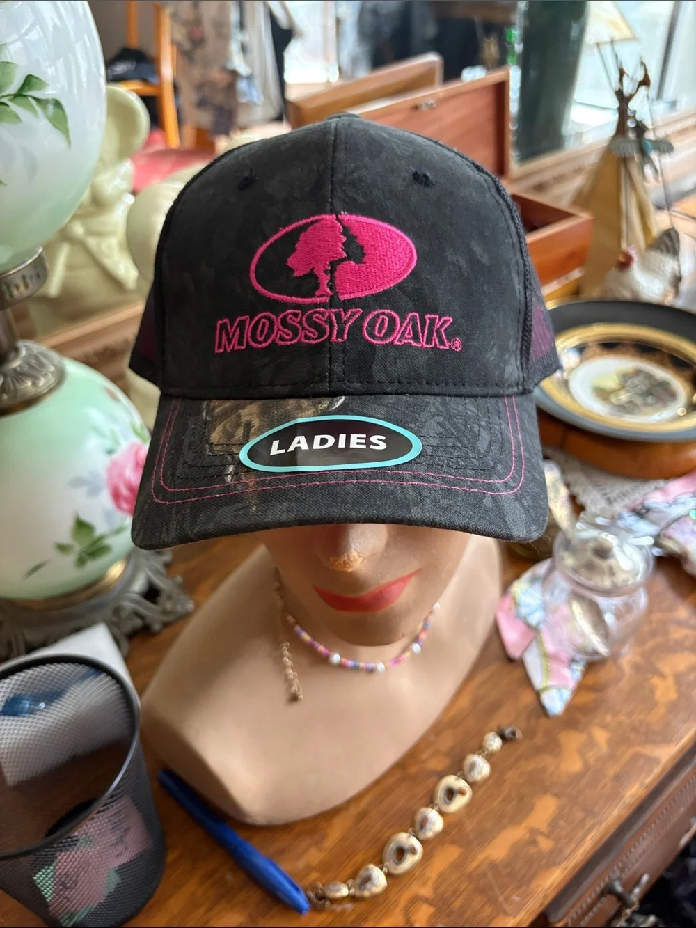 Mossy Oak Black Baseball Cap with Pink Logo - Ladies